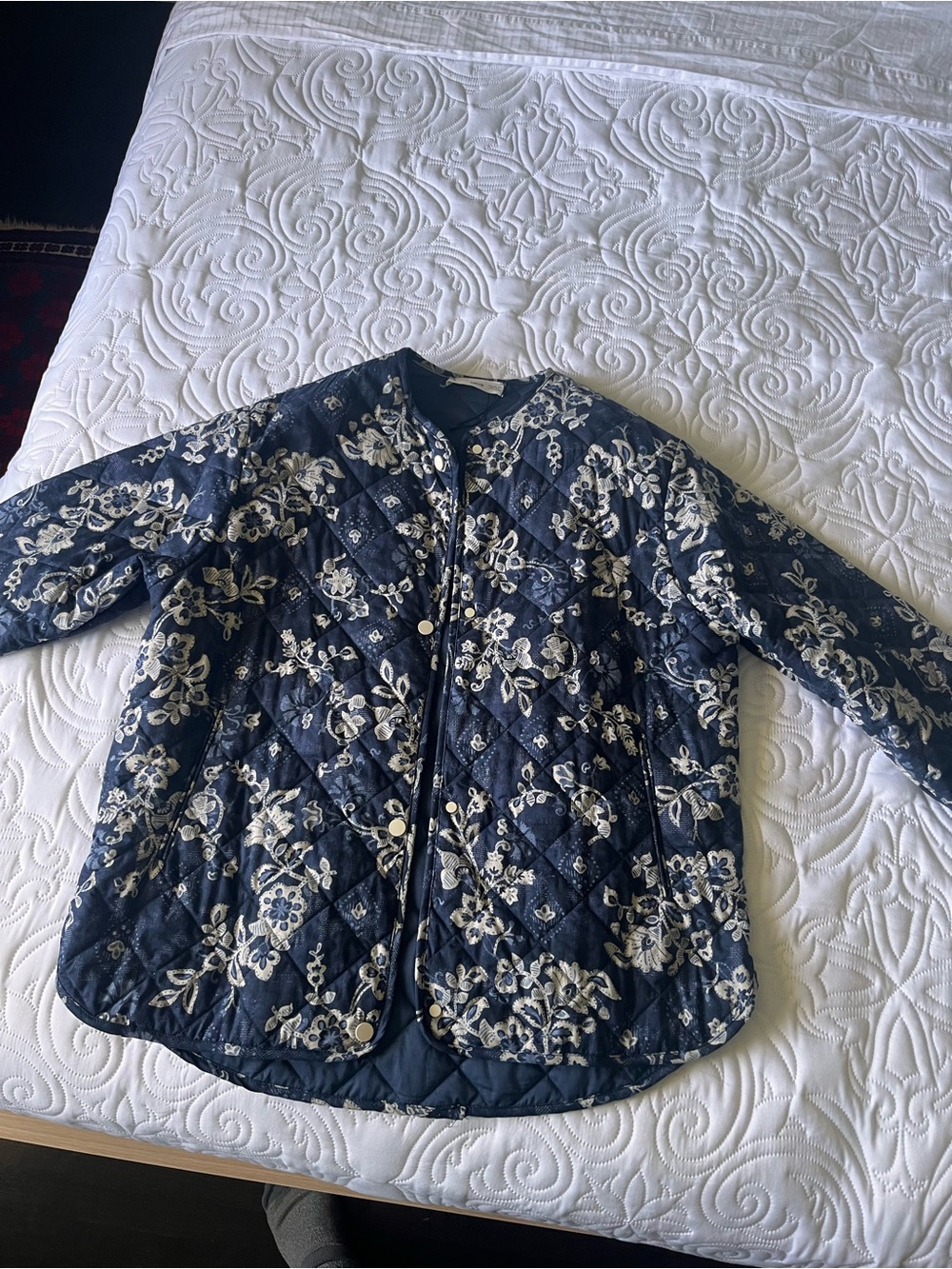 Mango Navy Quilted Jacket with Cream Floral Trim